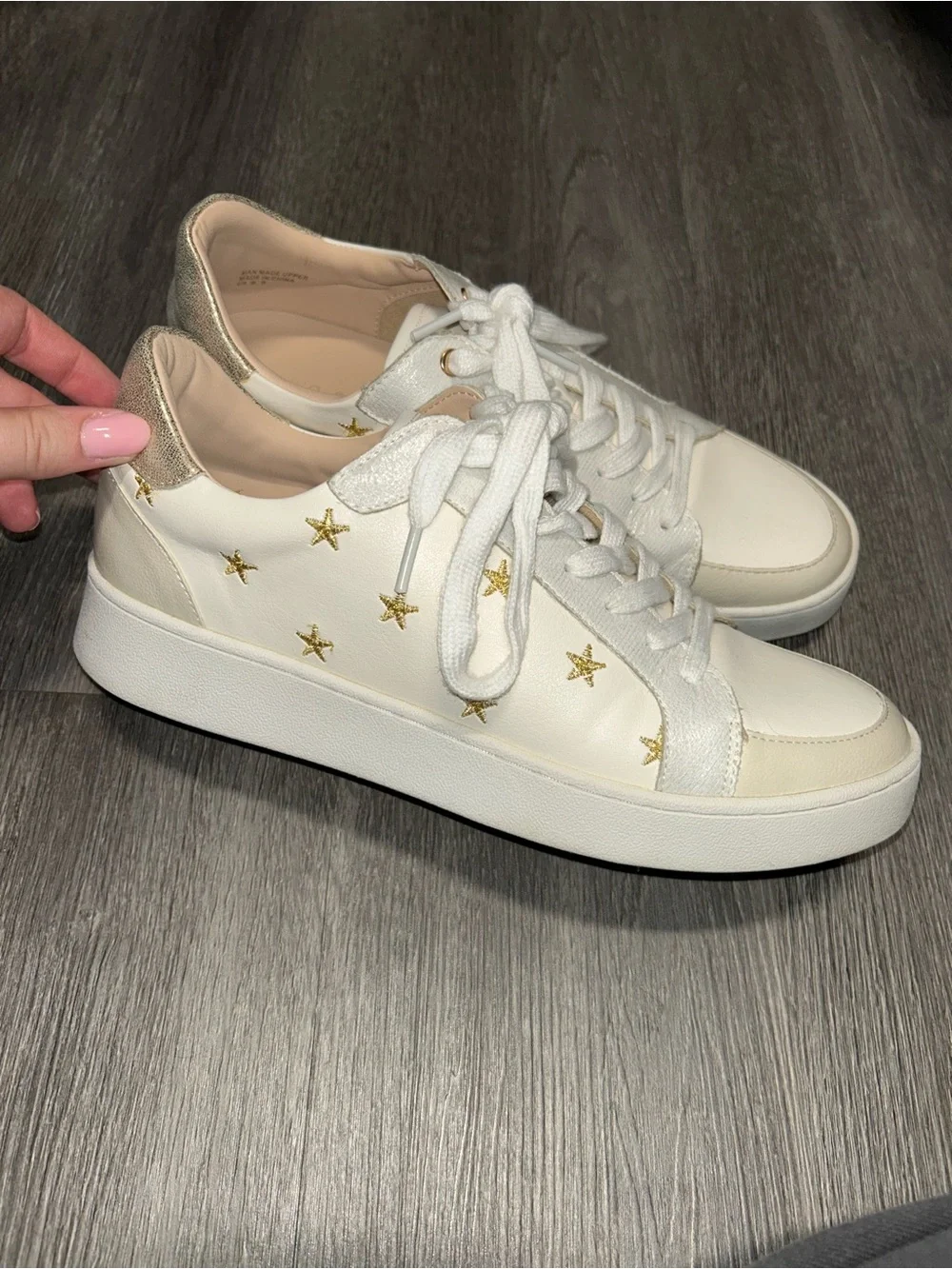Altar'd State White Sneakers with Gold Star Embroidery and Metallic Heel